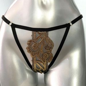 Victorias Secret NWT Very Sexy Black Gold Open Cut Out String Bikini Panty Sz L